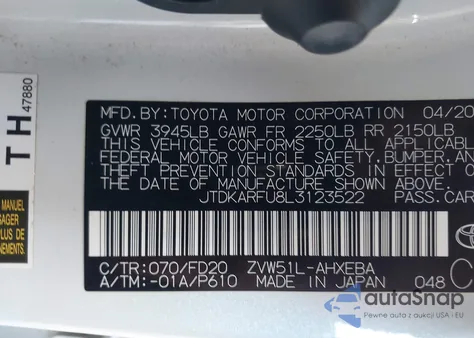 2020 Toyota Prius Le z USA, uszkodzony, nr VIN JTDKARFU8L3123522